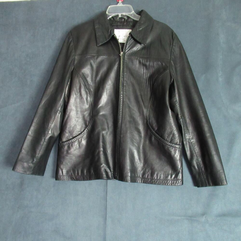 Nine West Leather Jacket Large Black Full Zip Minimalist Fall Staple Moto Luxury